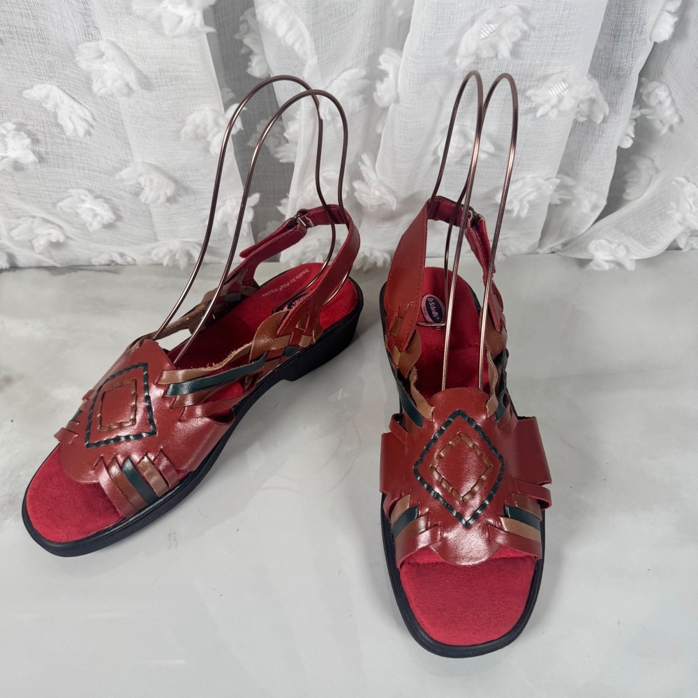 Vintage‎ Dr. Scholl's Huaraches Mexican Sandals Woven Red Leather Boho 7.5 W